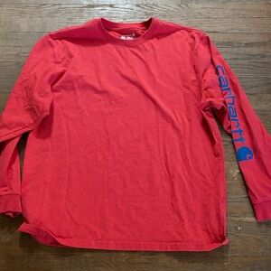 Carhartt Red Long Sleeve Tee with Blue Sleeve Logo